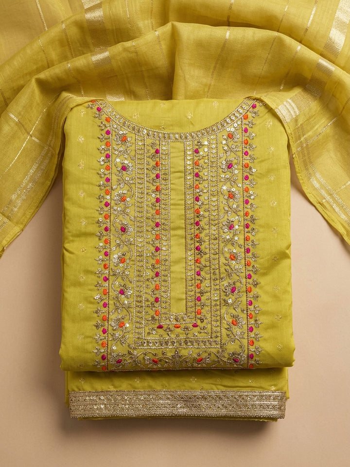 Yellow Embroidery Chanderi Unstitched Dress Material