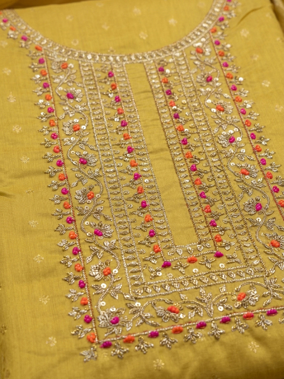 Yellow Embroidery Chanderi Unstitched Dress Material