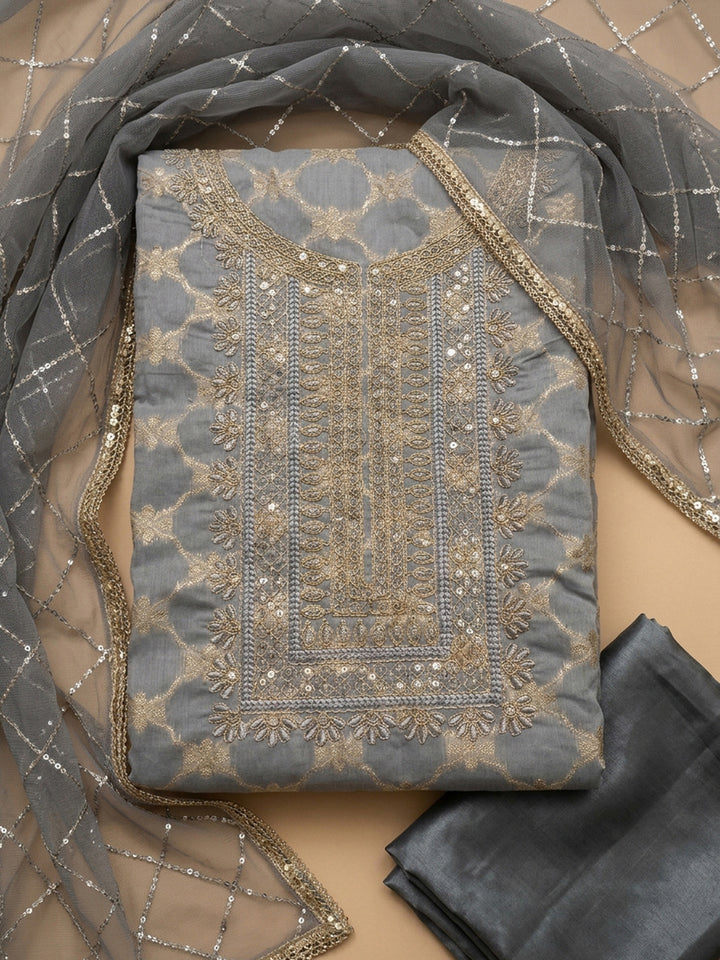 Grey Embroidery Chanderi Unstitched Dress Material