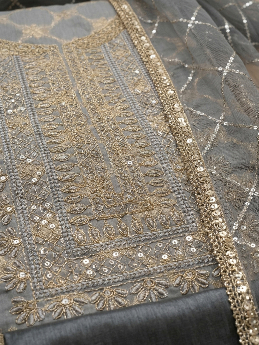 Grey Embroidery Chanderi Unstitched Dress Material
