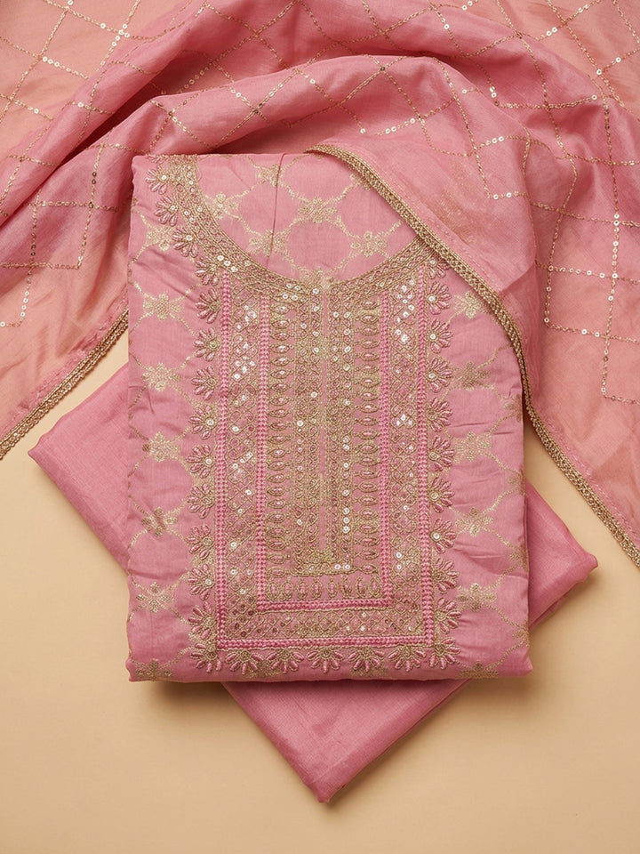 Peach Embroidery Chanderi Unstitched Dress Material