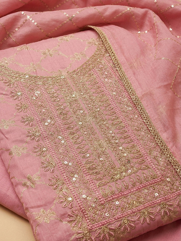 Peach Embroidery Chanderi Unstitched Dress Material