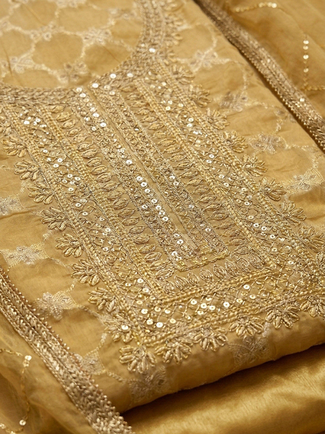 Yellow Embroidery Chanderi Unstitched Dress Material