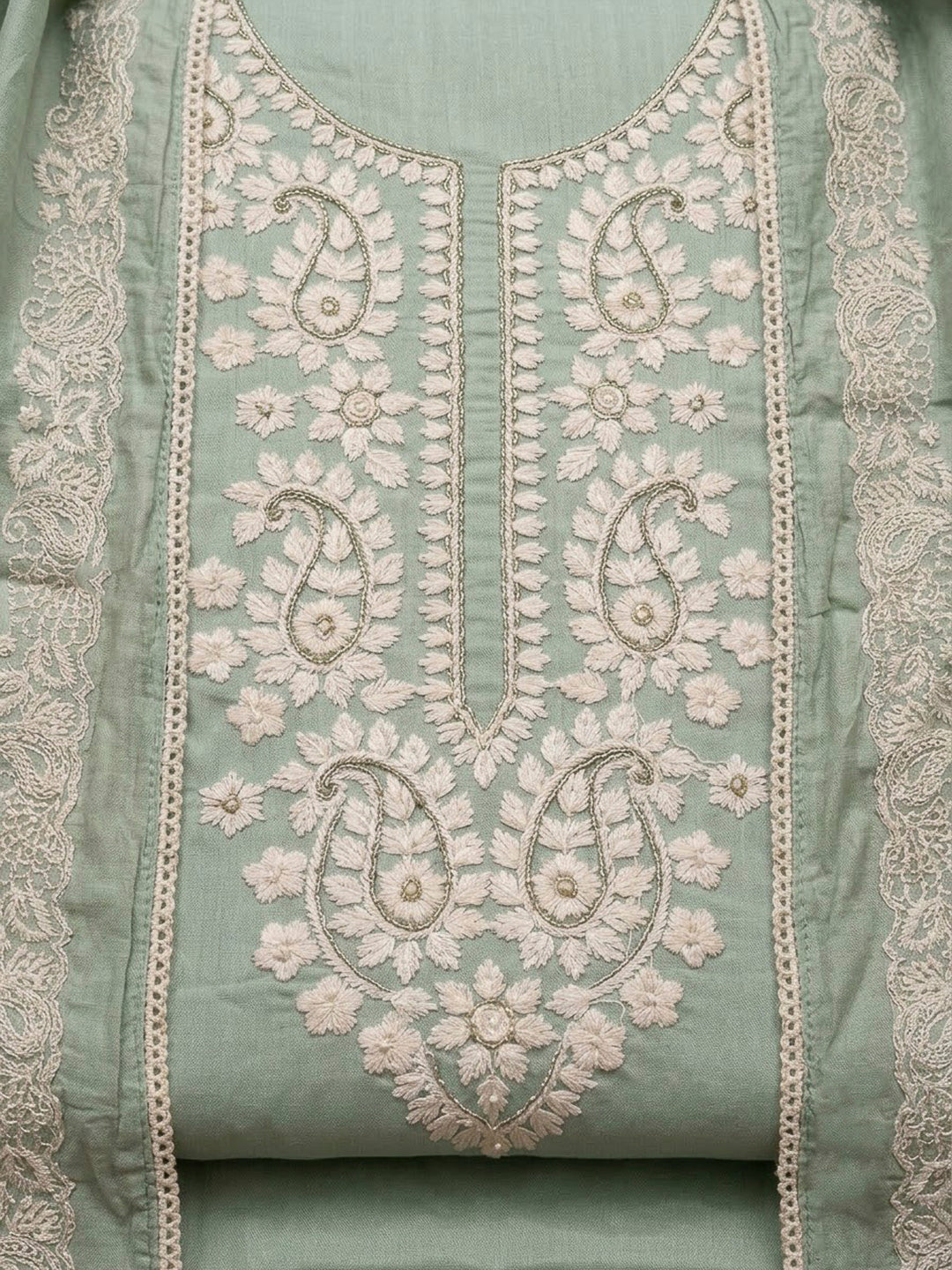 Aqua Chanderi Embroidered Unstitched Dress Material