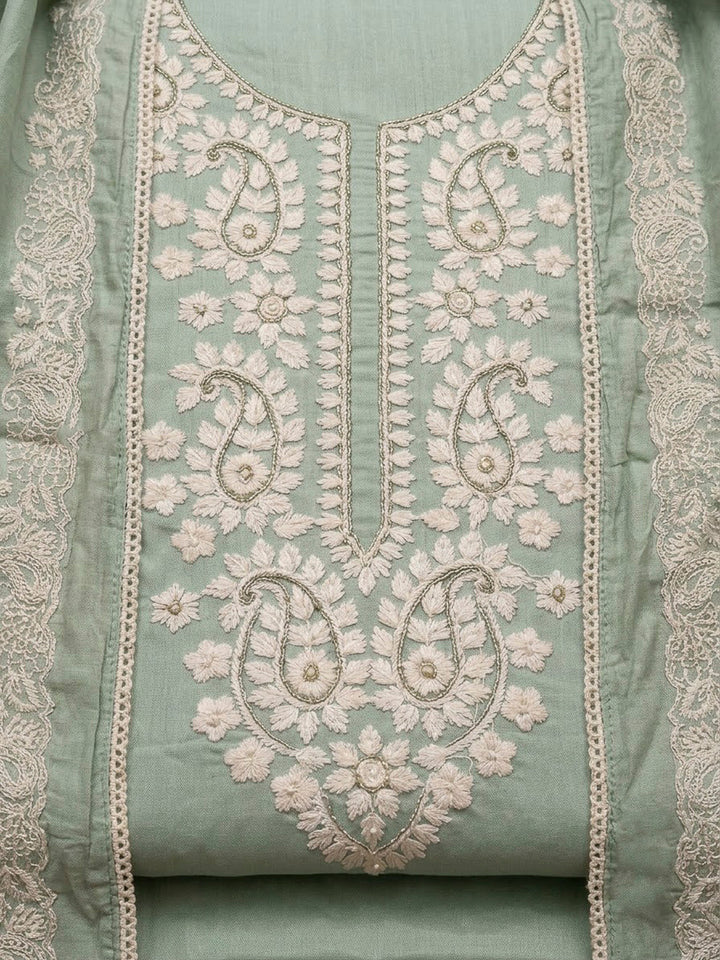 Aqua Chanderi Embroidered Unstitched Dress Material