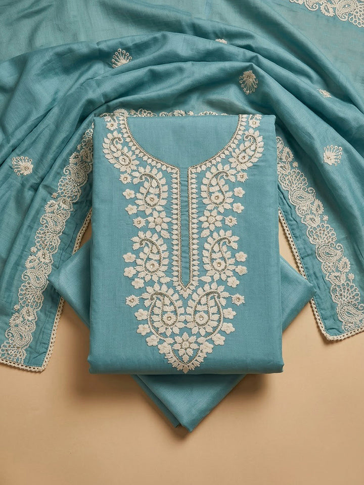 Blue Chanderi Embroidered Unstitched Dress Material