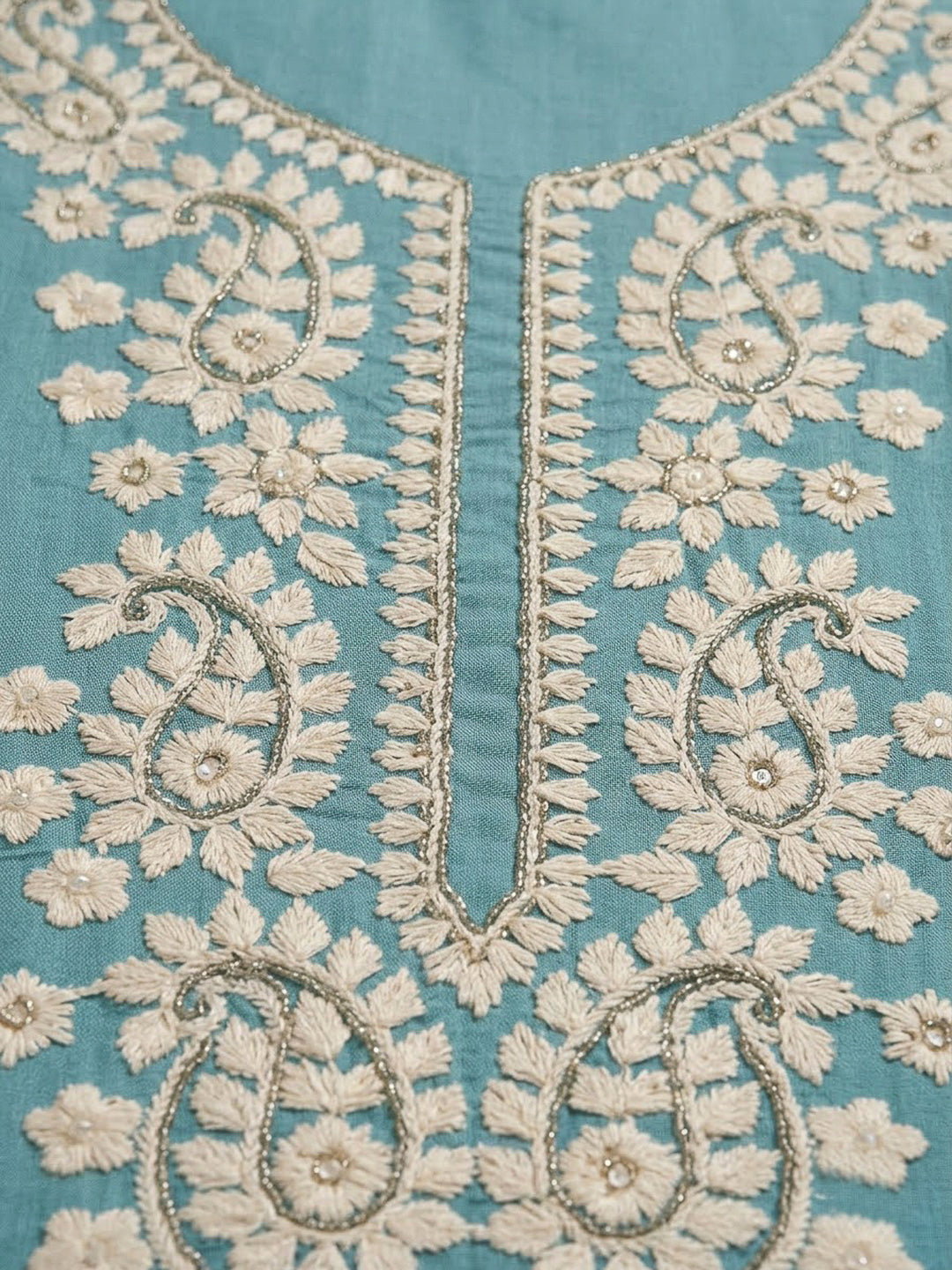 Blue Chanderi Embroidered Unstitched Dress Material