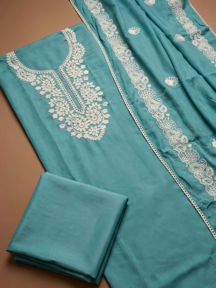 Blue Chanderi Embroidered Unstitched Dress Material