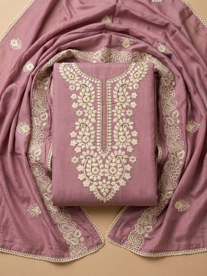 Onion Pink Chanderi Embroidered Unstitched Dress Material