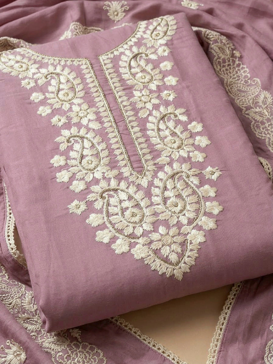Onion Pink Chanderi Embroidered Unstitched Dress Material