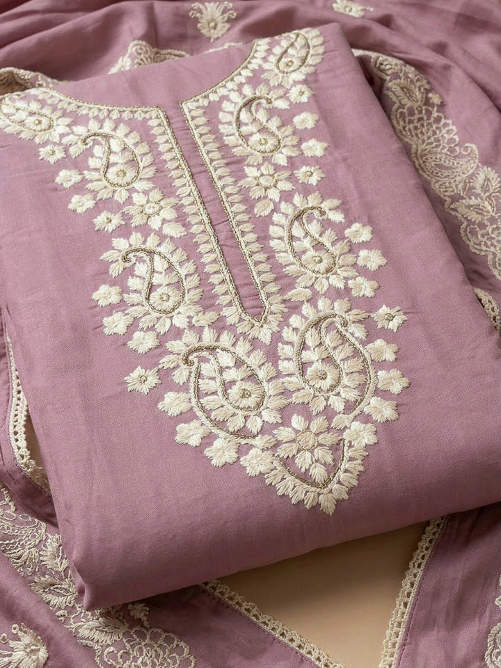 Onion Pink Chanderi Embroidered Unstitched Dress Material