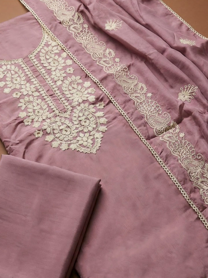 Onion Pink Chanderi Embroidered Unstitched Dress Material