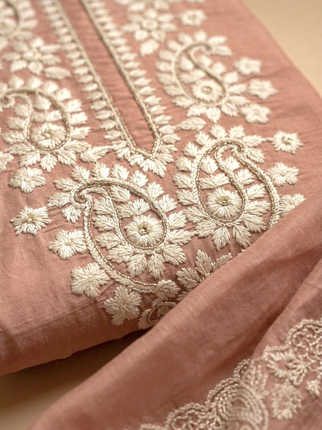 Peach Chanderi Embroidered Unstitched Dress Material