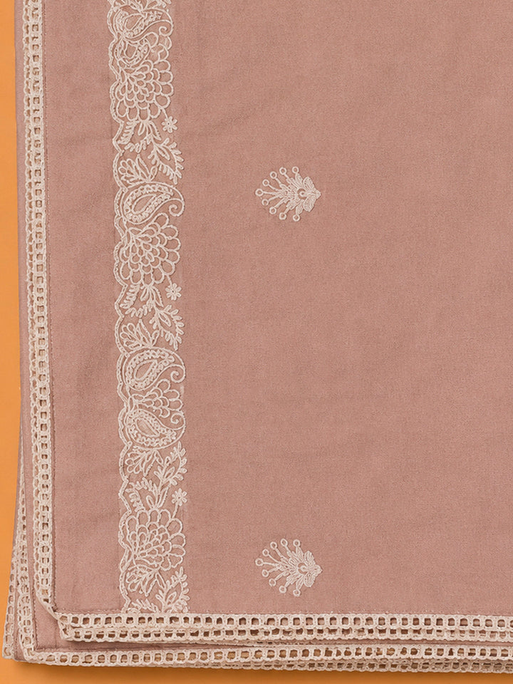 Peach Chanderi Embroidered Unstitched Dress Material
