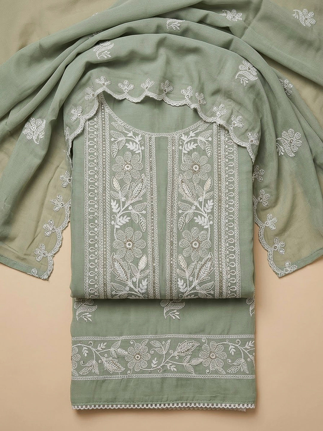 Aqua Chanderi Embroidered Unstitched Dress Material