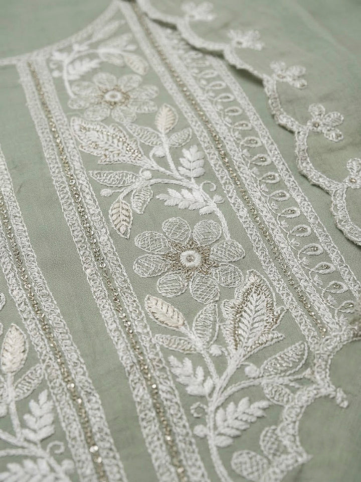 Aqua Chanderi Embroidered Unstitched Dress Material