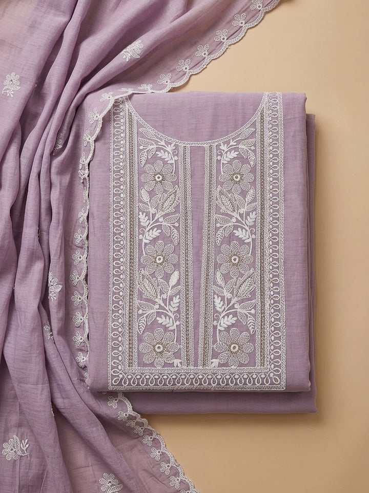 Lavender Chanderi Embroidered Unstitched Dress Material