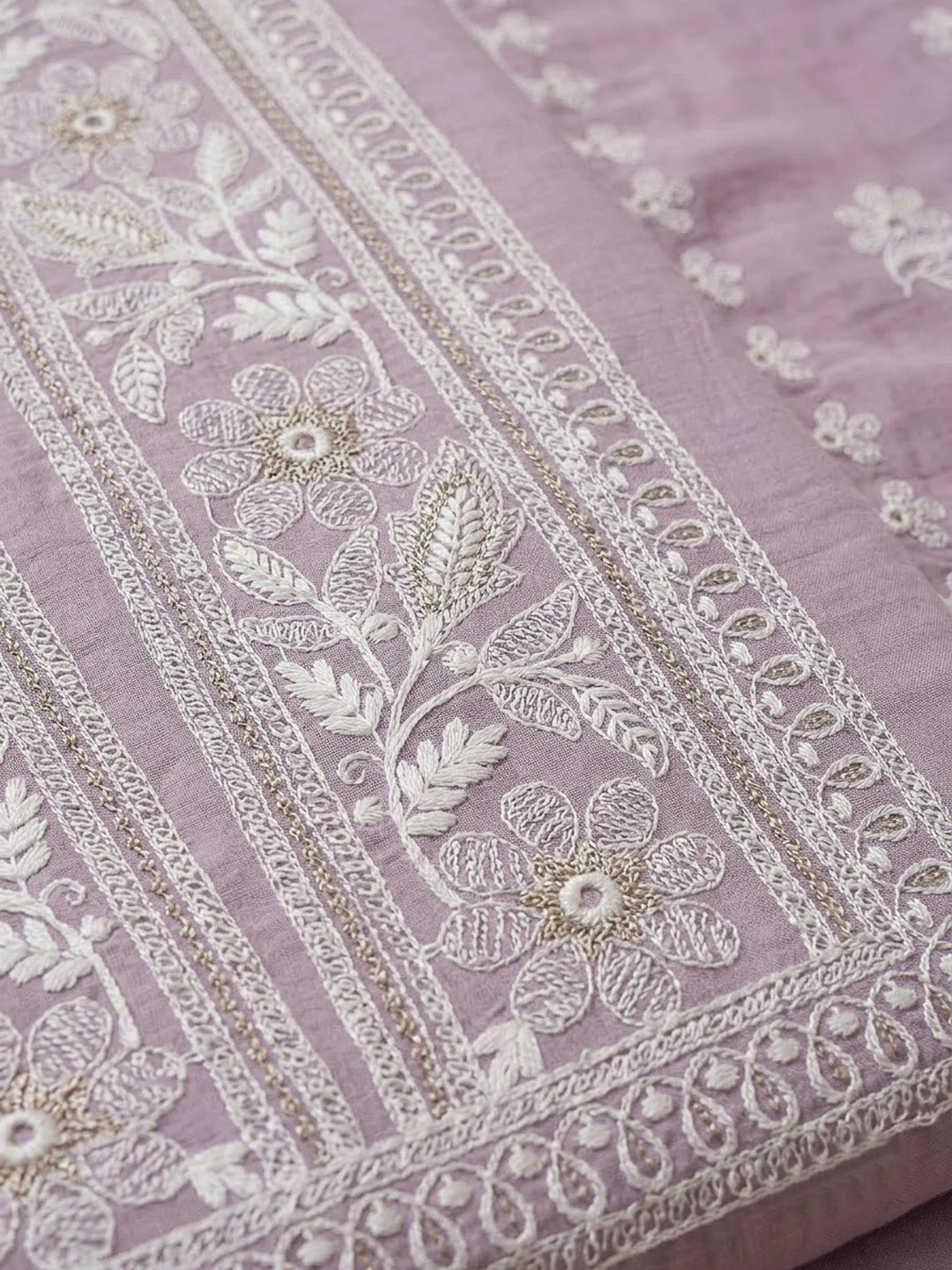 Lavender Chanderi Embroidered Unstitched Dress Material