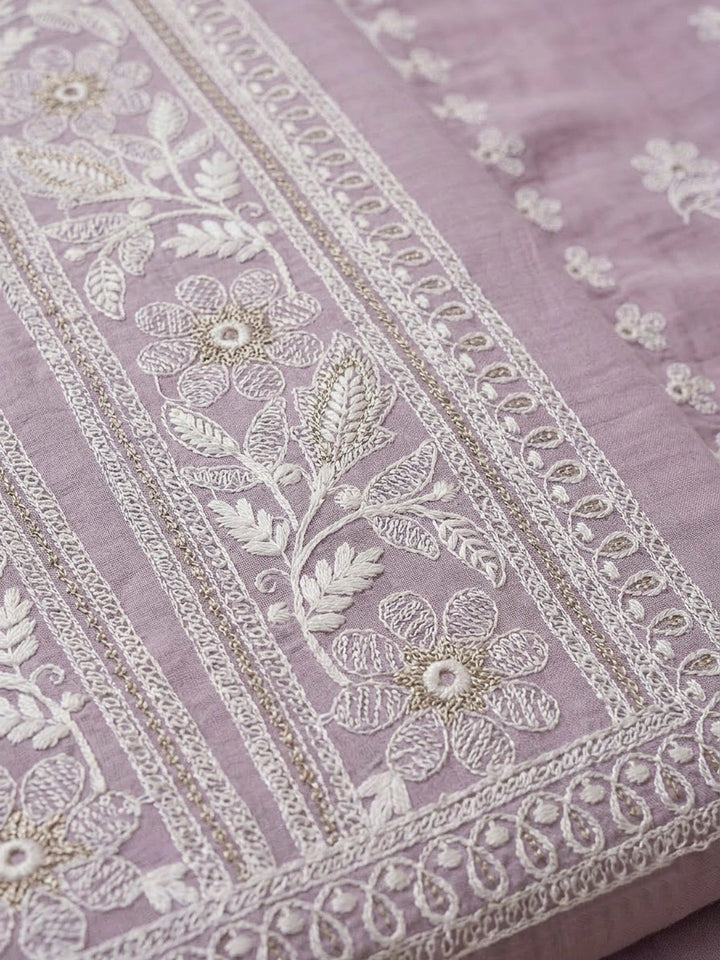 Lavender Chanderi Embroidered Unstitched Dress Material