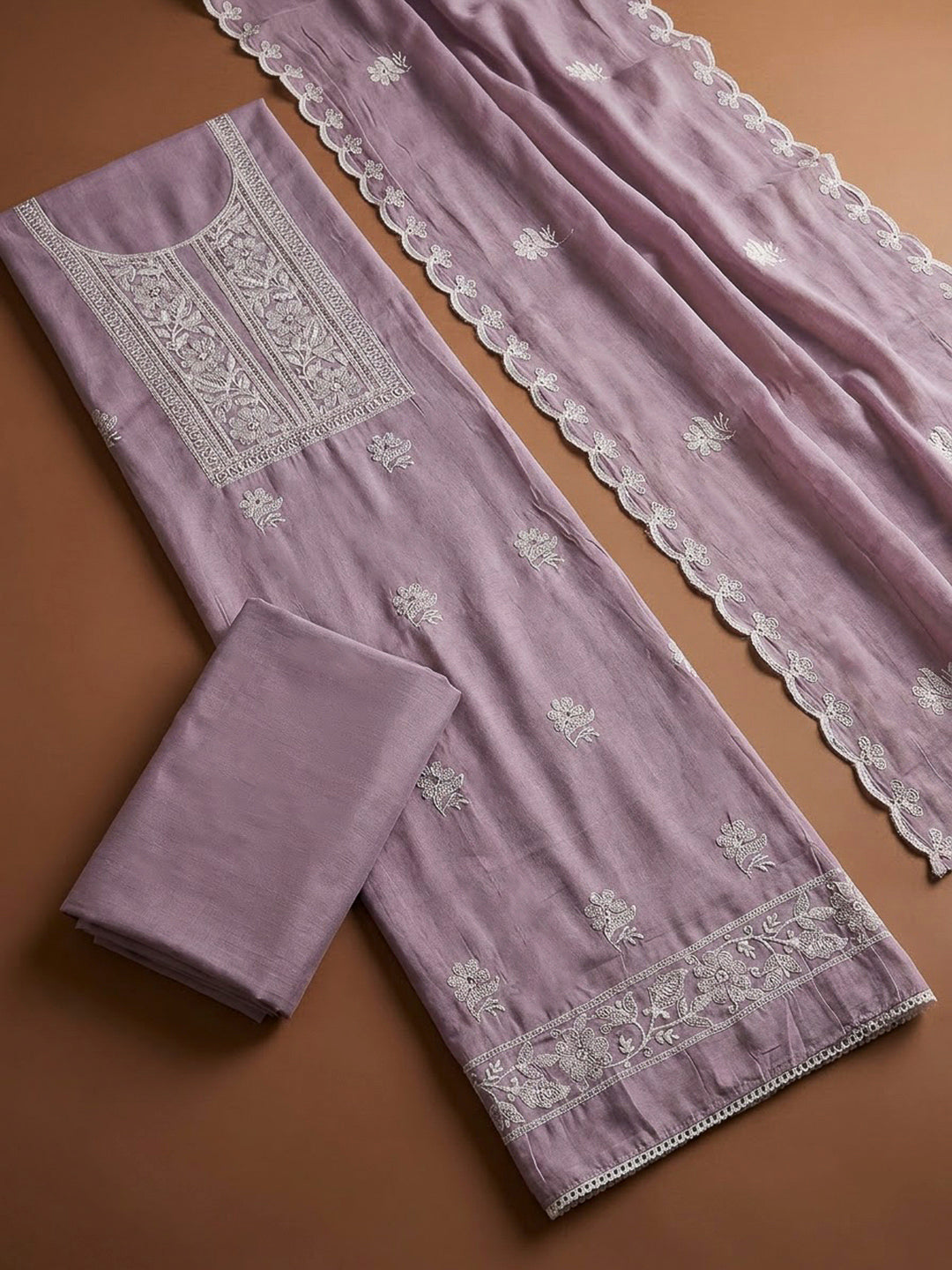Lavender Chanderi Embroidered Unstitched Dress Material