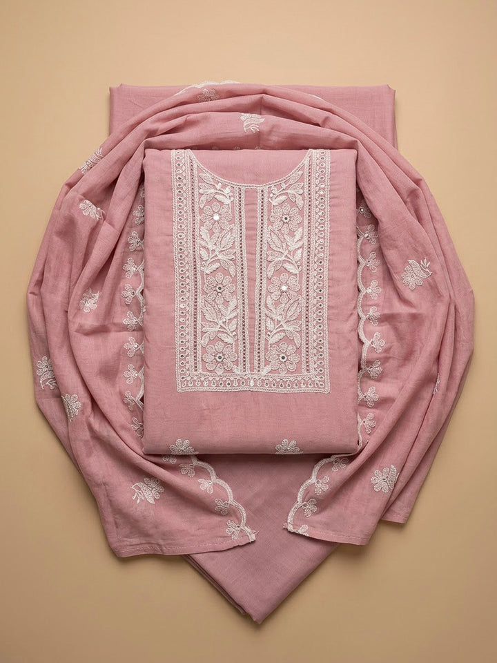 Peach Chanderi Embroidered Unstitched Dress Material