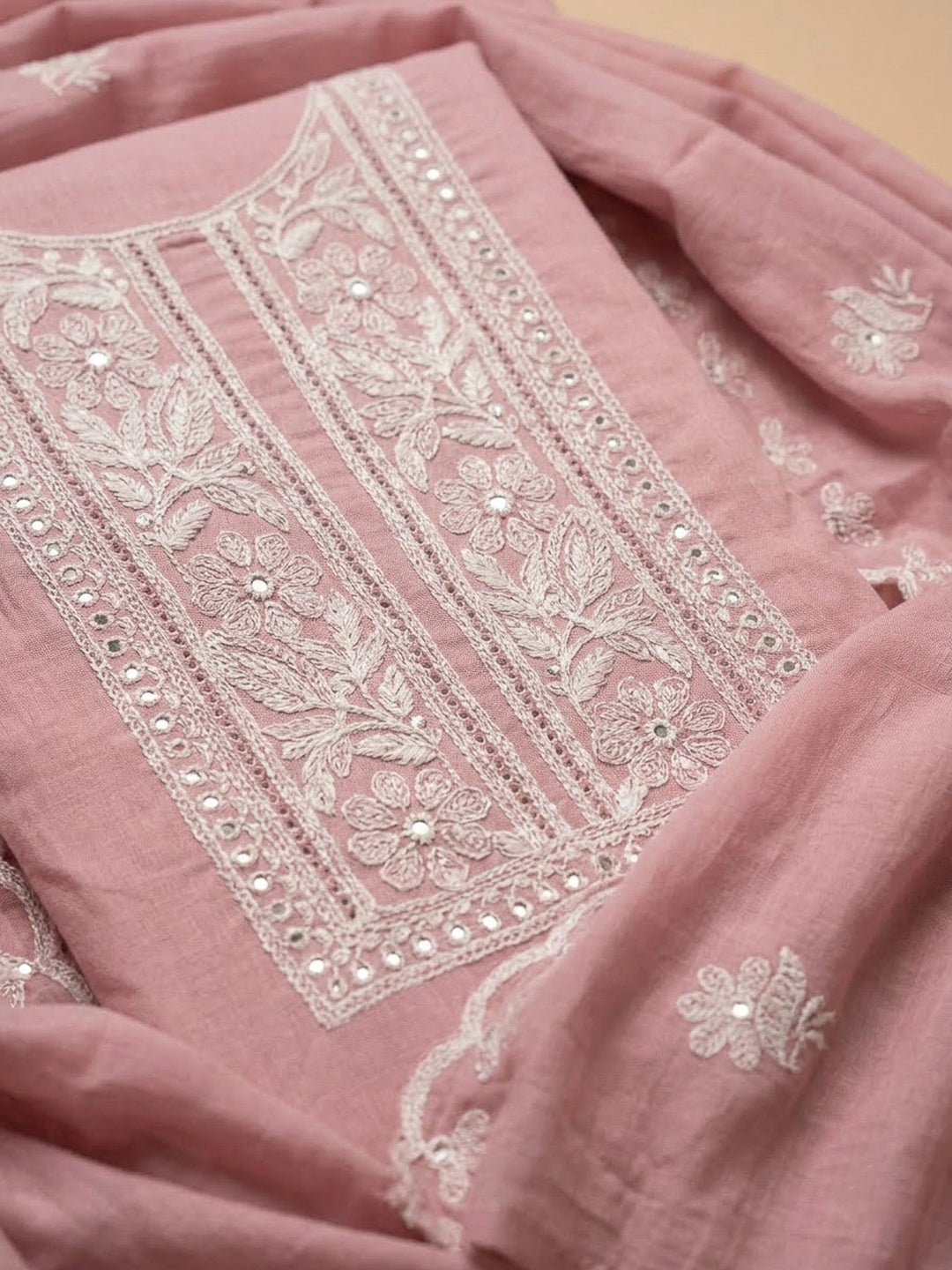 Peach Chanderi Embroidered Unstitched Dress Material