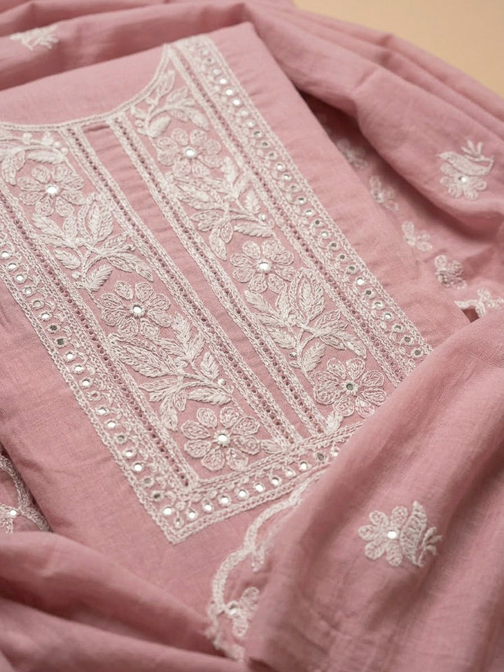 Peach Chanderi Embroidered Unstitched Dress Material