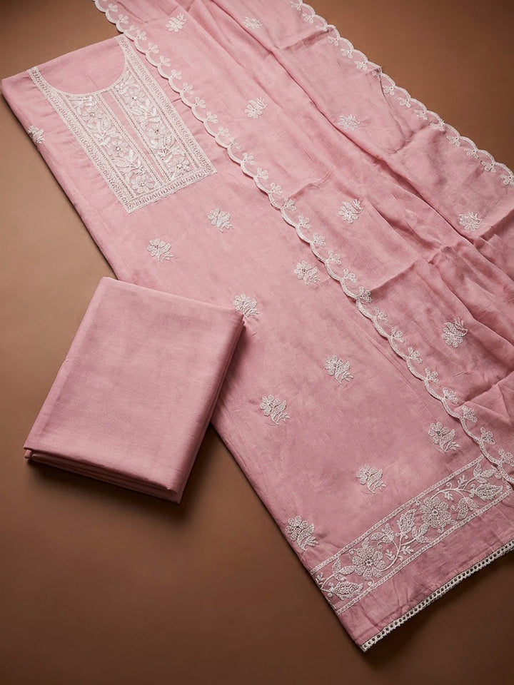 Peach Chanderi Embroidered Unstitched Dress Material