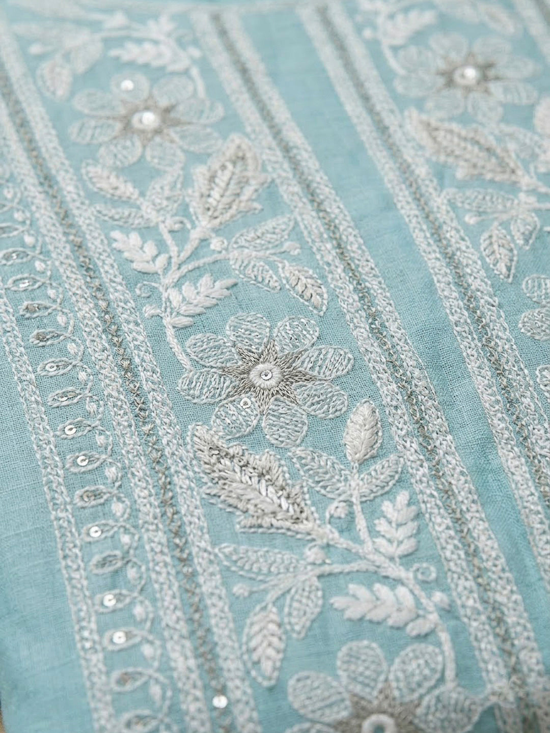 Sky Blue Chanderi Embroidered Unstitched Dress Material