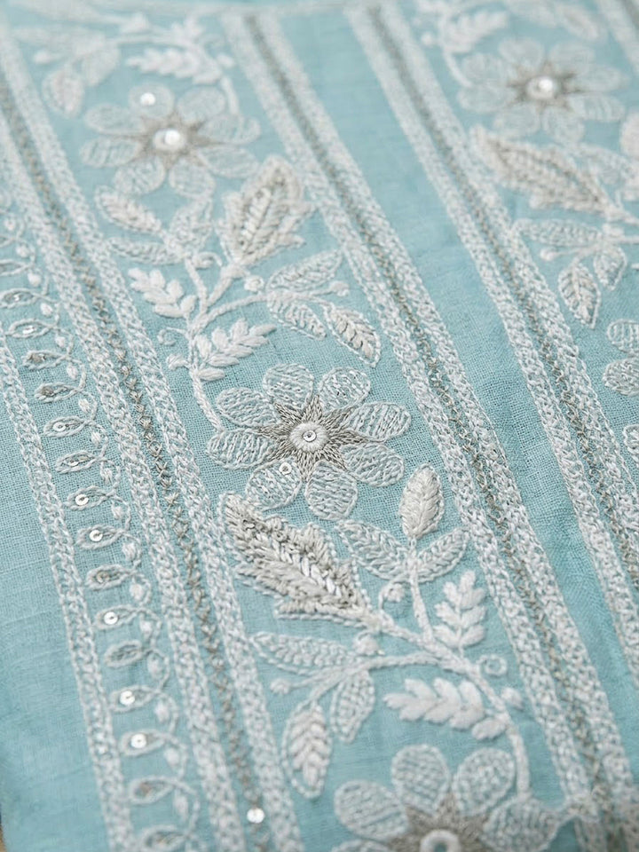 Sky Blue Chanderi Embroidered Unstitched Dress Material