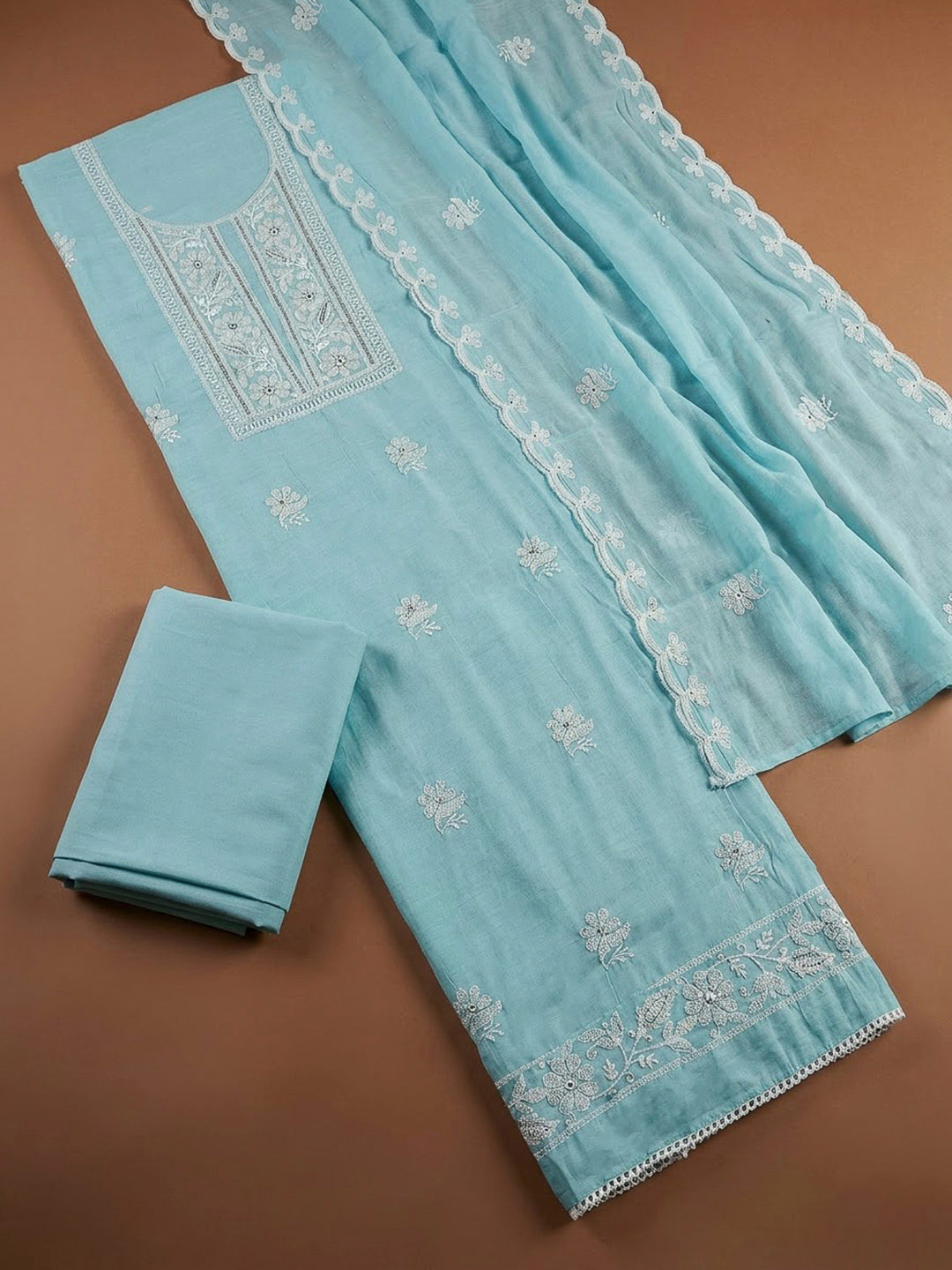 Sky Blue Chanderi Embroidered Unstitched Dress Material