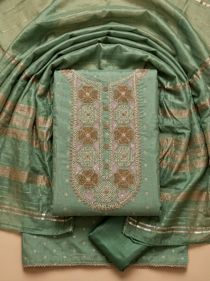 Aqua Green Chanderi Embroidered Unstitched Dress Material