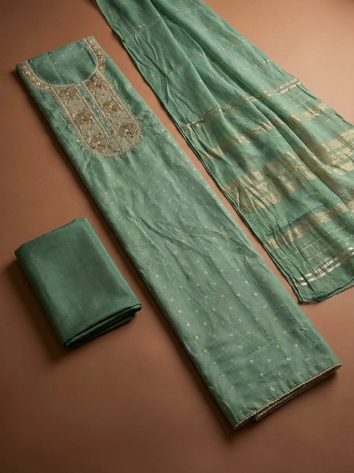 Aqua Green Chanderi Embroidered Unstitched Dress Material