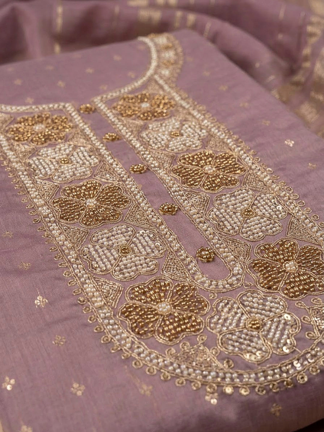 Lavender Chanderi Embroidered Unstitched Dress Material