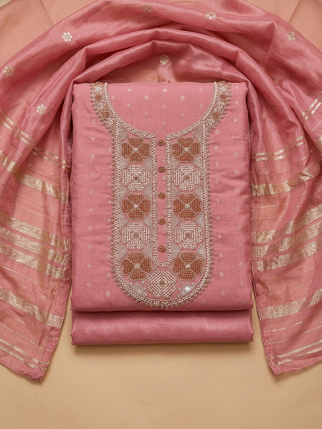 Peach Chanderi Embroidered Unstitched Dress Material