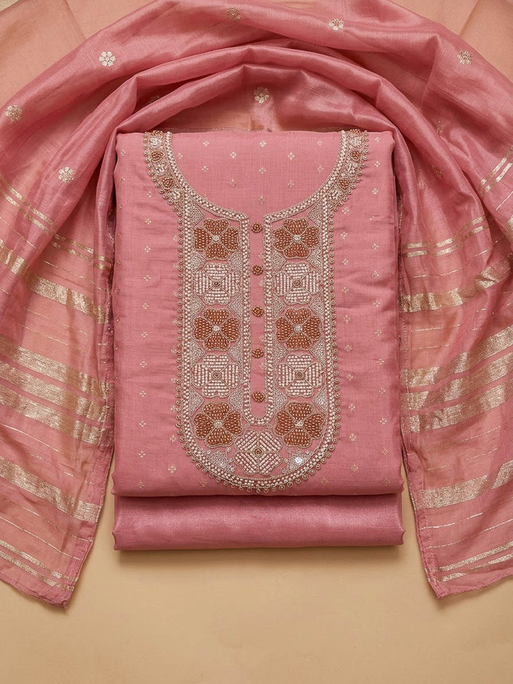 Peach Chanderi Embroidered Unstitched Dress Material