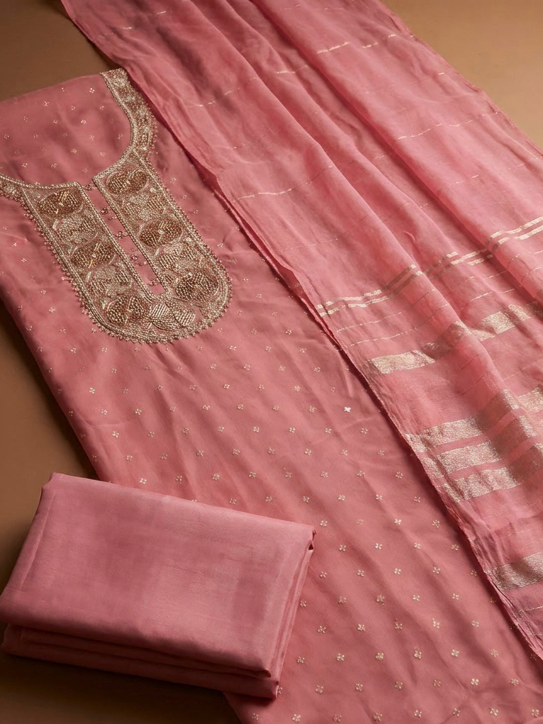Peach Chanderi Embroidered Unstitched Dress Material