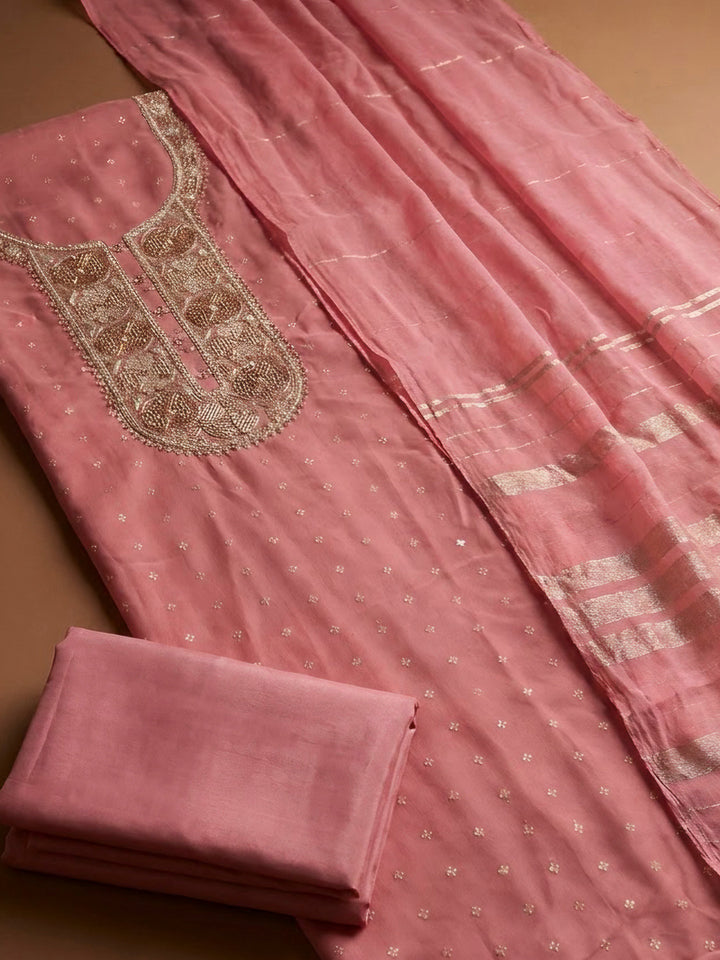 Peach Chanderi Embroidered Unstitched Dress Material