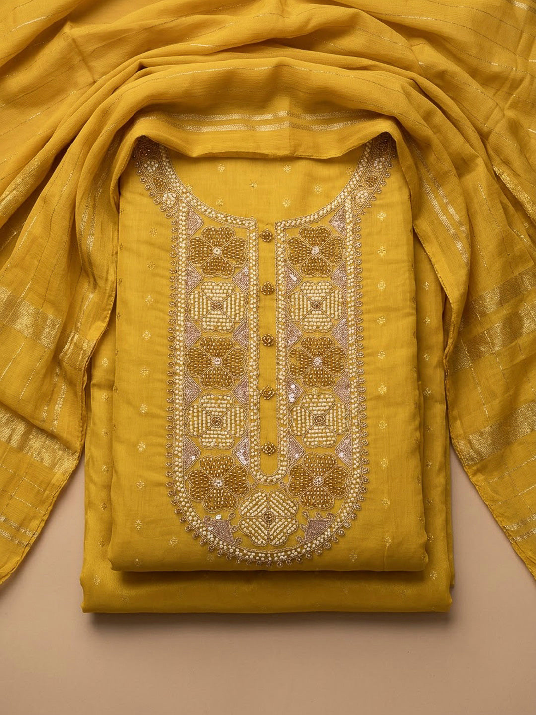 Yellow Chanderi Embroidered Unstitched Dress Material