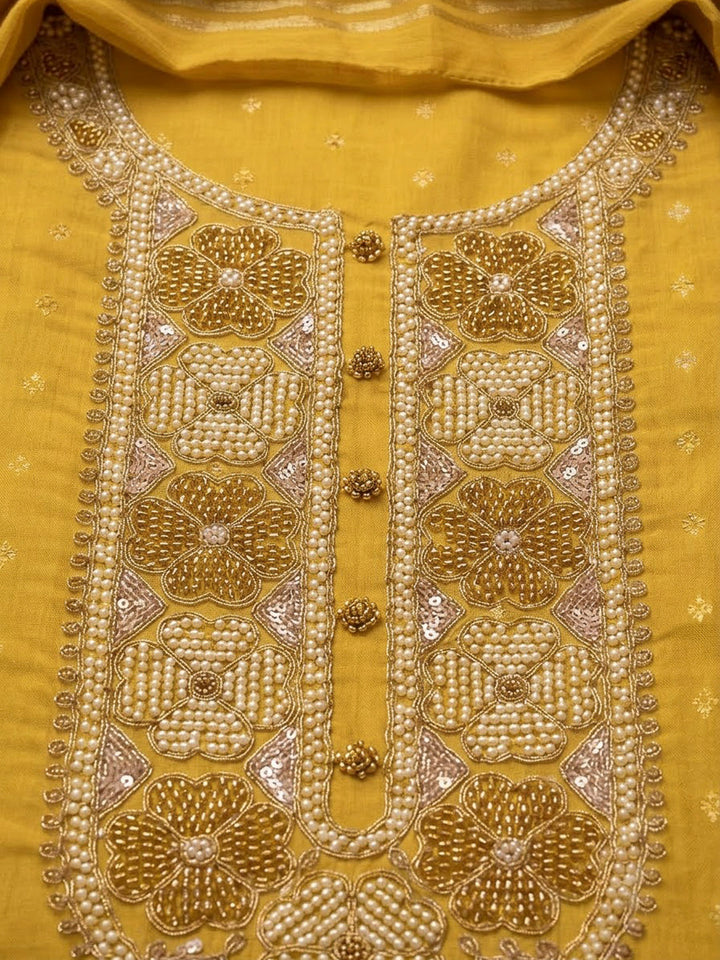 Yellow Chanderi Embroidered Unstitched Dress Material