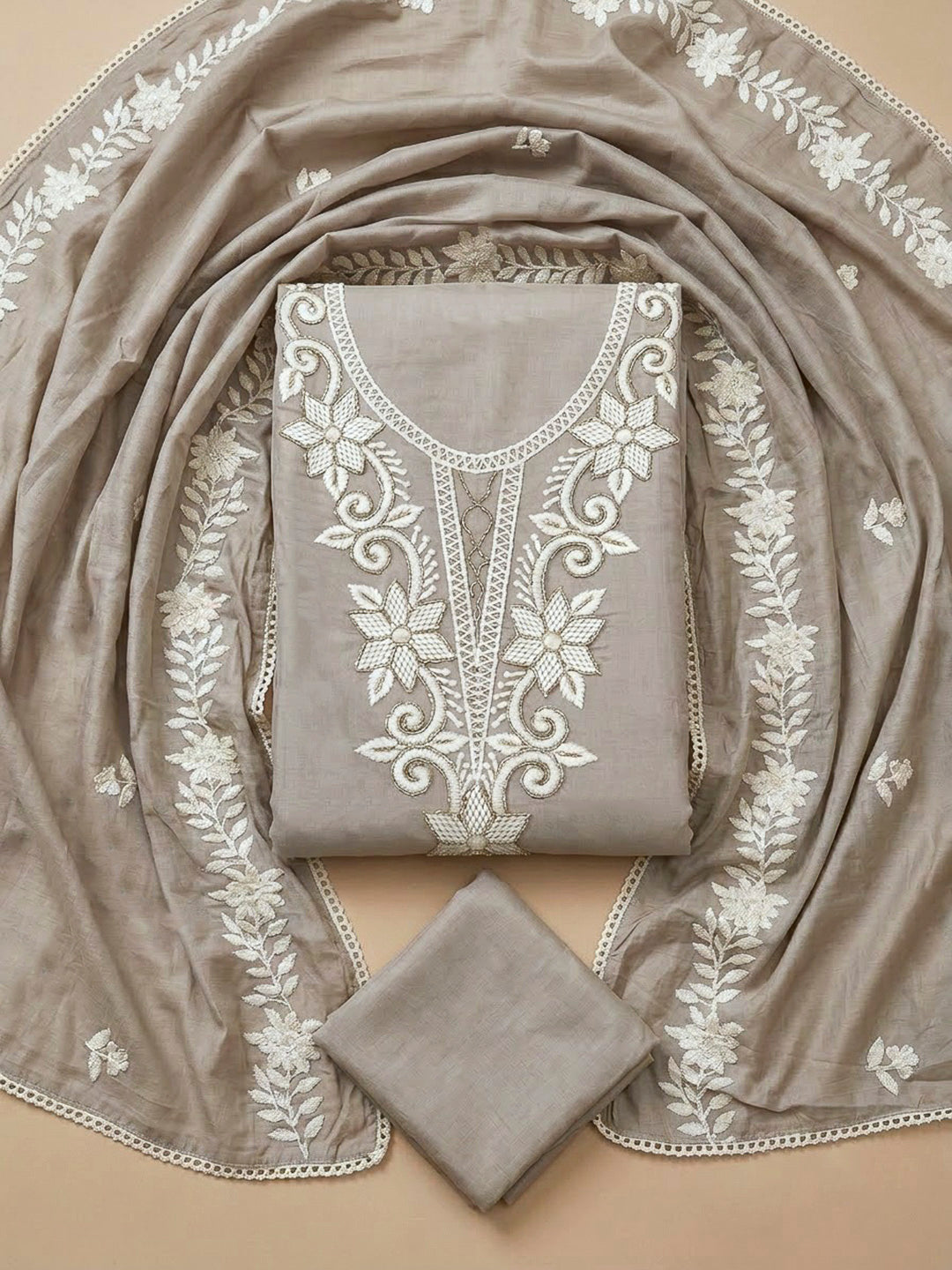 Chikoo Chanderi Embroidered Unstitched Dress Material