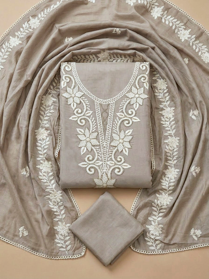 Chikoo Chanderi Embroidered Unstitched Dress Material