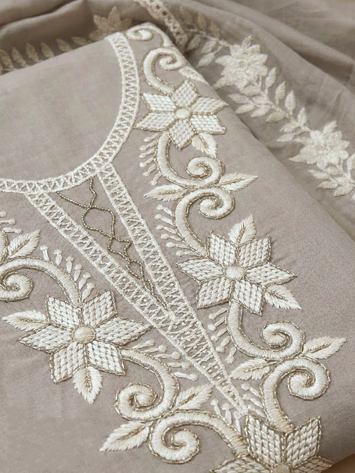 Chikoo Chanderi Embroidered Unstitched Dress Material