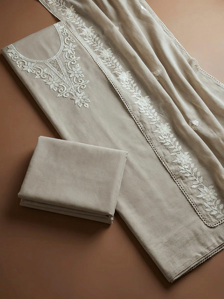 Chikoo Chanderi Embroidered Unstitched Dress Material