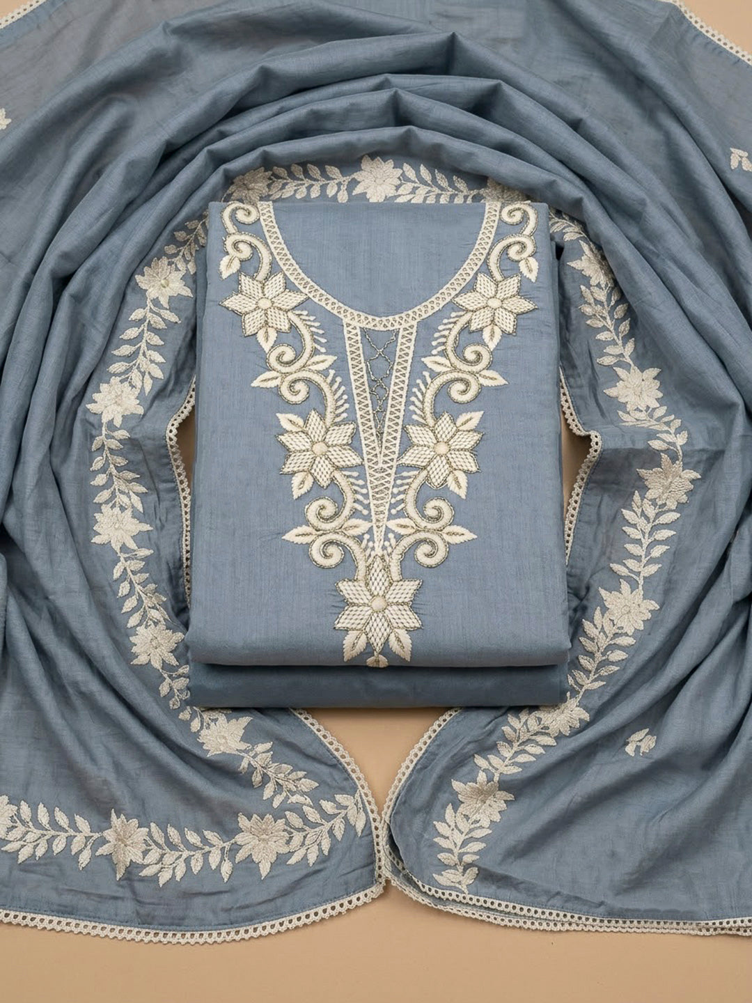 Grey Chanderi Embroidered Unstitched Dress Material
