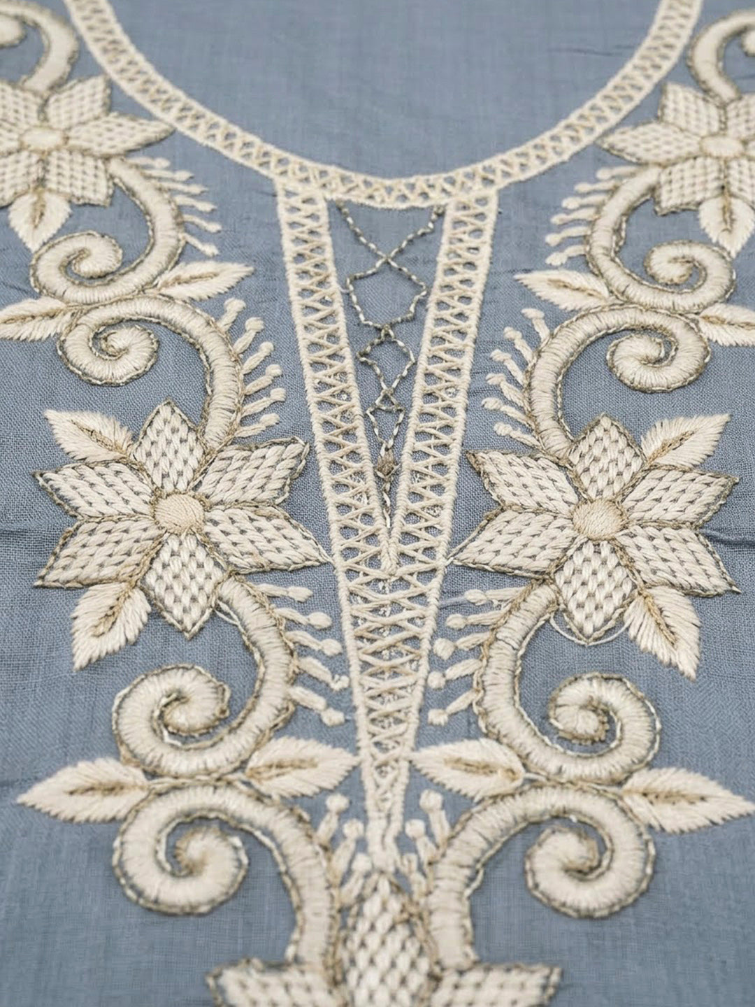 Grey Chanderi Embroidered Unstitched Dress Material