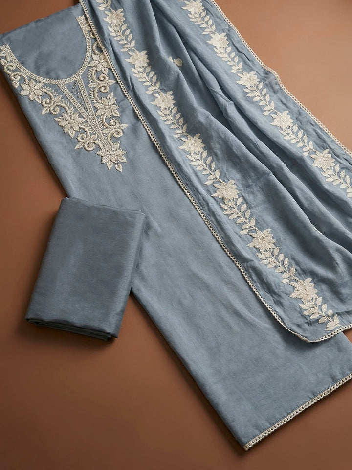 Grey Chanderi Embroidered Unstitched Dress Material