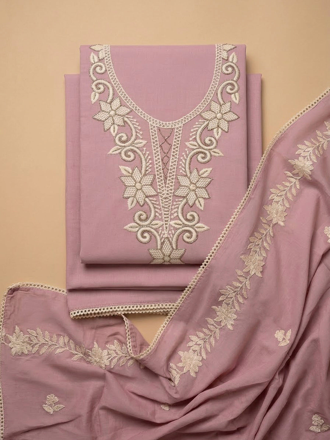 Peach Chanderi Embroidered Unstitched Dress Material