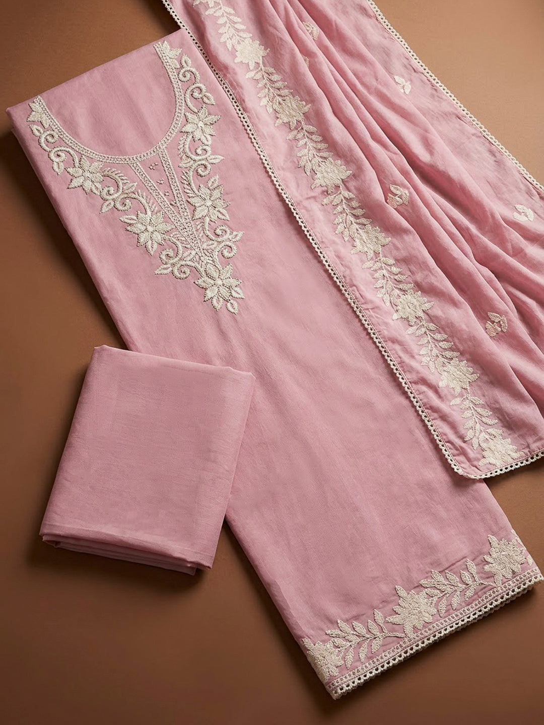Peach Chanderi Embroidered Unstitched Dress Material
