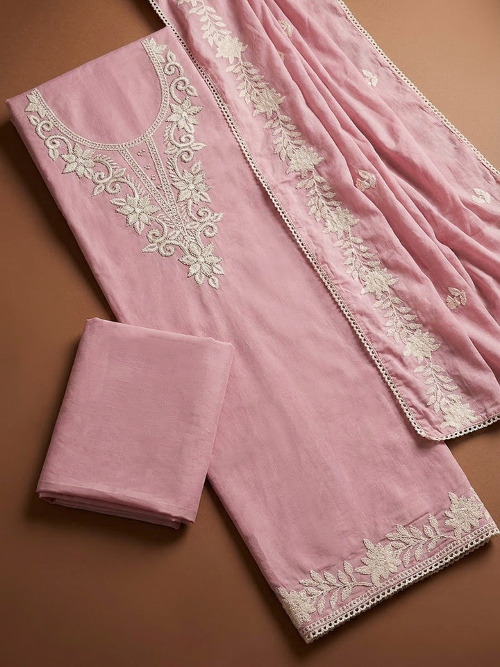 Peach Chanderi Embroidered Unstitched Dress Material